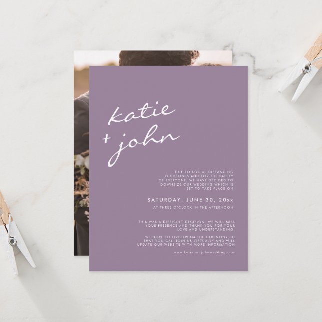 Elegant Minimalist Mauve Purple Downsized Wedding  Invitation (Front/Back In Situ)