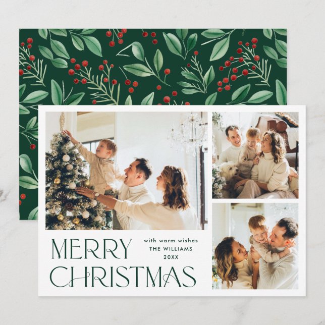 Elegant Minimalist Merry Christmas 3 Photo Holiday Card (Front/Back)