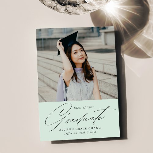 Elegant Minimalist Mint Green Photo Graduation Announcement