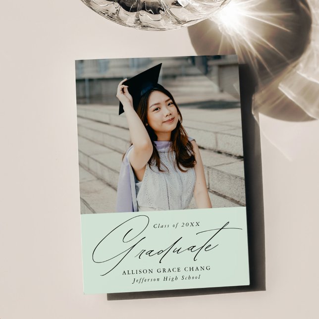Elegant Minimalist Mint Green Photo Graduation Announcement (Creator Uploaded)
