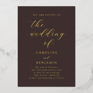Elegant Minimalist Mocha Brown Calligraphy Wedding Foil Invitation