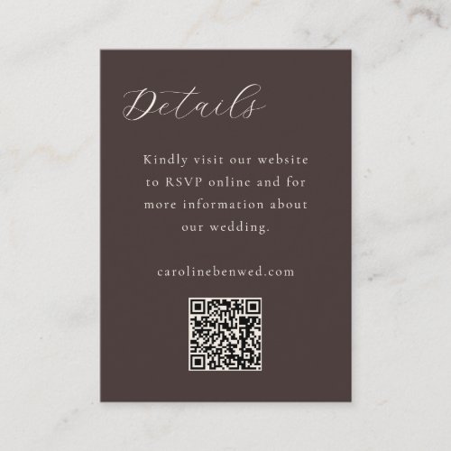 Elegant Minimalist Mocha Brown Script QR Wedding Enclosure Card