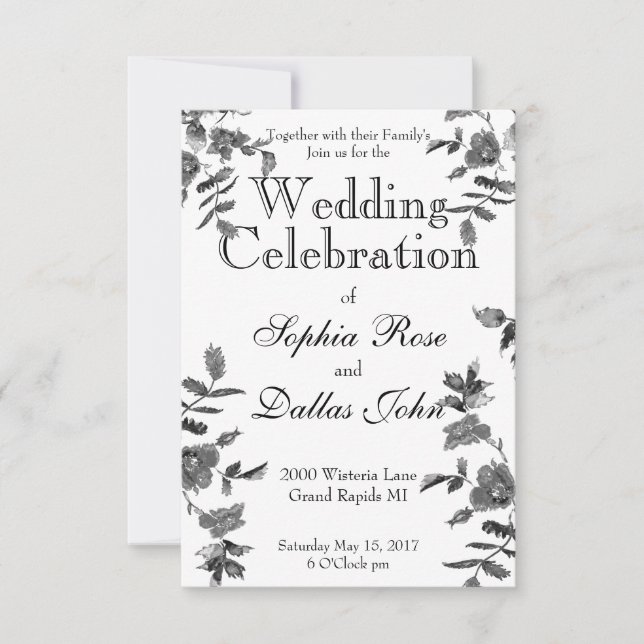 Elegant minimalist modern black white wildflowers invitation (Front)