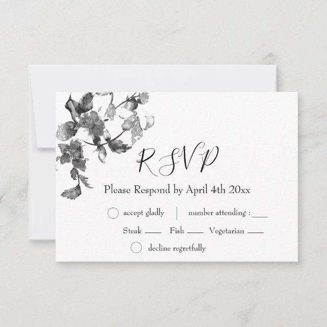 Elegant minimalist modern black white wildflowers RSVP card (Front)