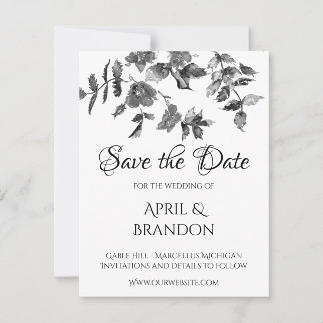 Elegant minimalist modern black white wildflowers save the date (Front)