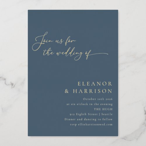Elegant Minimalist Modern Dark Blue Script Wedding Foil Invitation