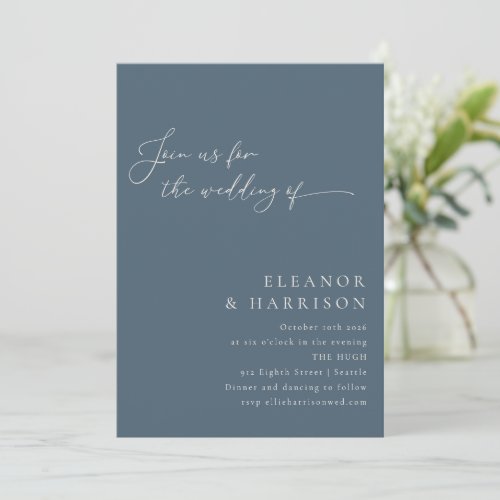 Elegant Minimalist Modern Dark Blue Script Wedding Invitation