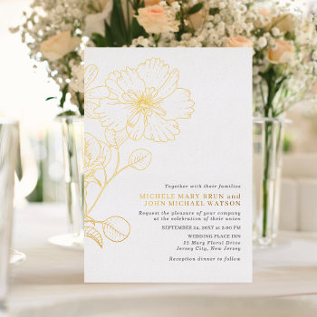 Elegant Minimalist Modern Flowers Gold Foil Invitation by pinkpinetree at Zazzle
