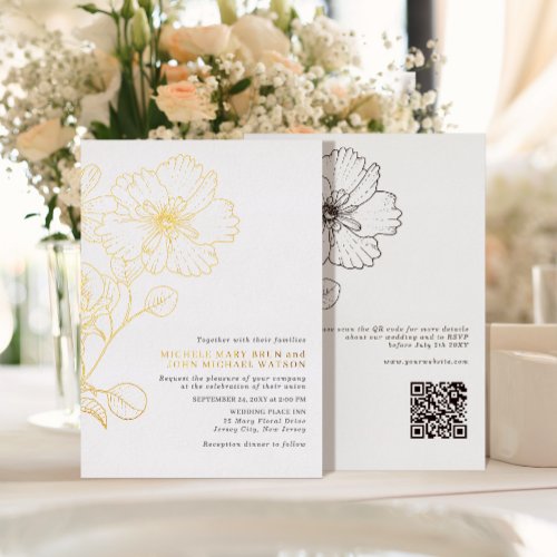 Elegant Minimalist Modern Flowers RSVP QR Back Foil Invitation