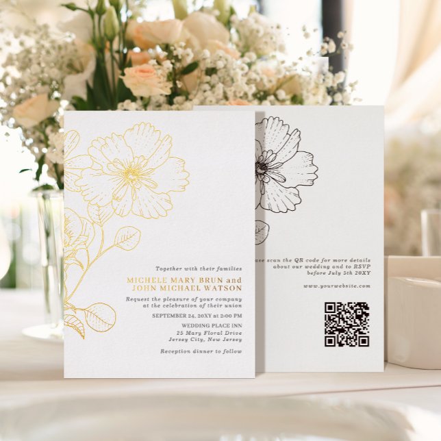 Elegant Minimalist Modern Flowers RSVP QR Back Foil Invitation (Creator Uploaded)