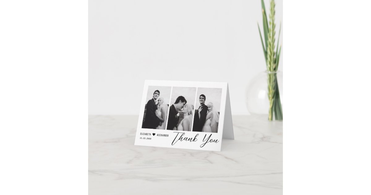 Elegant Minimalist Modern Script Wedding 4 Photos Thank You Card | Zazzle