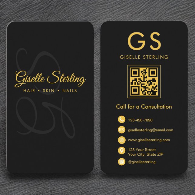 Elegant Minimalist Monogram Black Gold QR Code Business Card (Creator Uploaded)