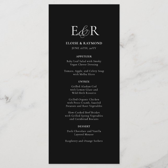 Elegant Minimalist Monogram Black Wedding Menu (Front)