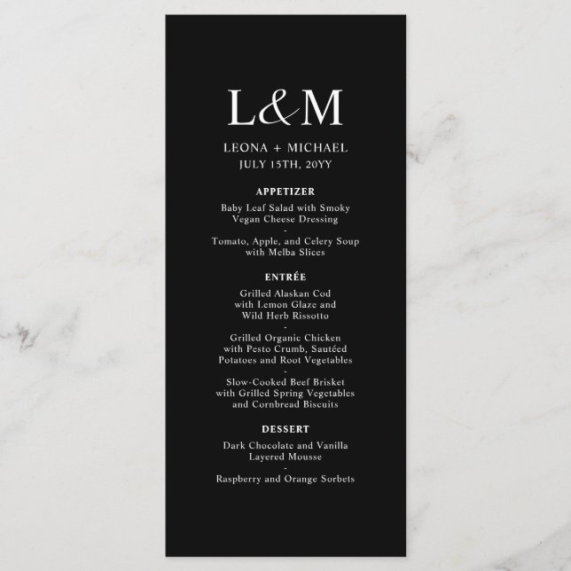 Elegant Minimalist Monogram Black Wedding Menu (Front)