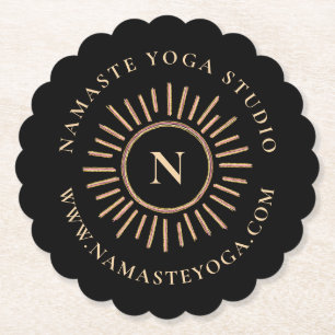 Elegant Minimalist Monogram Black Yellow Gold Paper Coaster