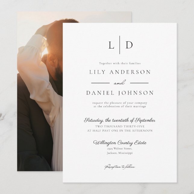 Elegant Minimalist Monogram Photo Wedding Invitation (Front/Back)