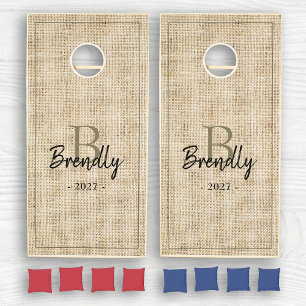 Elegant Minimalist Monogram Rustic Burlap Cornhole Set