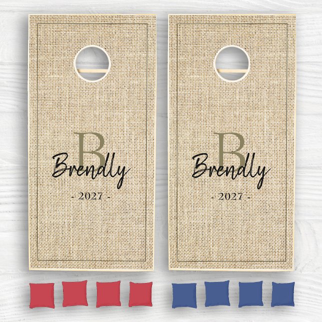 Elegant Minimalist Monogram Rustic Burlap Cornhole Set (Creator Uploaded)