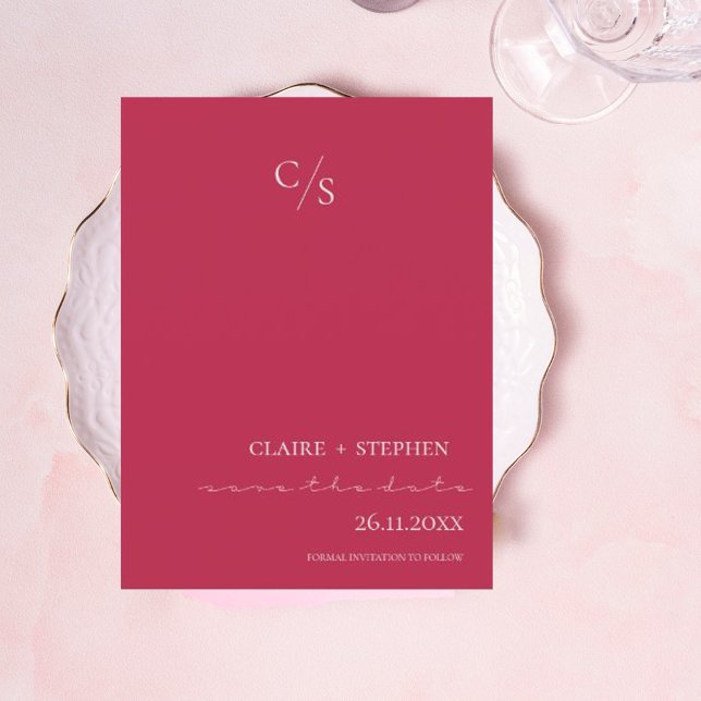 Elegant Minimalist Monogram Script Magenta Wedding Announcement Postcard (Creator Uploaded)