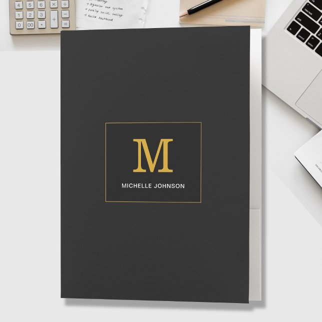 Elegant Minimalist Monogram Text Black Gold Pocket Folder (Creator Uploaded)