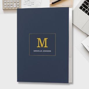 Elegant Minimalist Monogram Text Blue Gold Pocket Folder