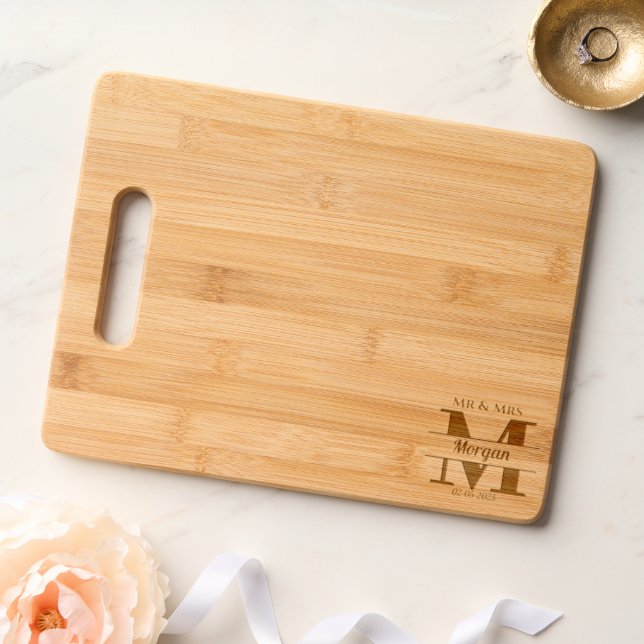 Elegant minimalist Monogram Wedding couple Engraved Cutting Board (Wedding)