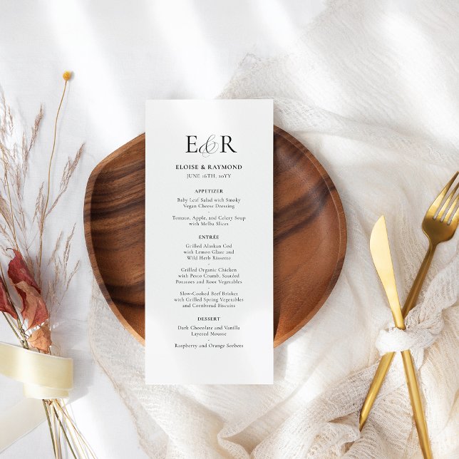 Elegant Minimalist Monogram White Wedding Menu (Creator Uploaded)