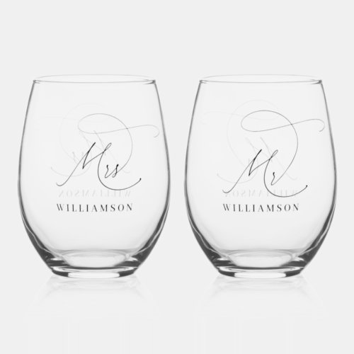 Elegant Minimalist Mr and Mrs Wedding Stemless Wine Glass