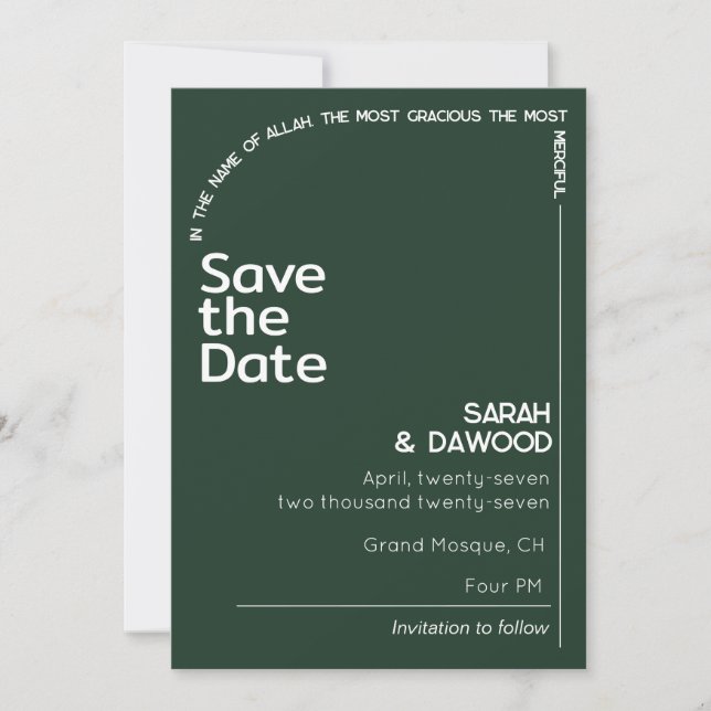 Elegant Minimalist Muslim Emerald Green Wedding Save The Date (Front)