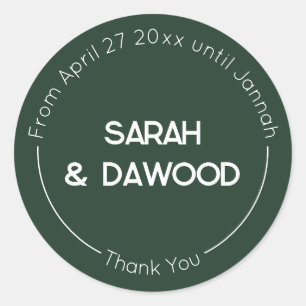 Elegant Minimalist Muslim Green White Wedding Classic Round Sticker