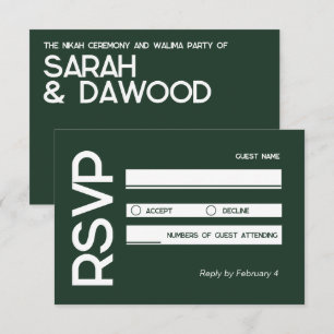 Elegant Minimalist Muslim Green White Wedding RSVP Card