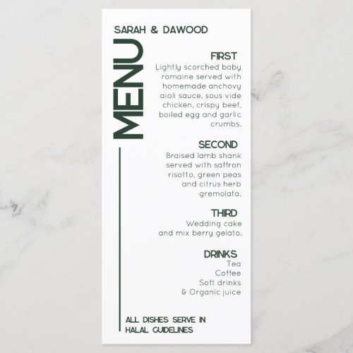 Elegant Minimalist Muslim White Green Wedding Menu