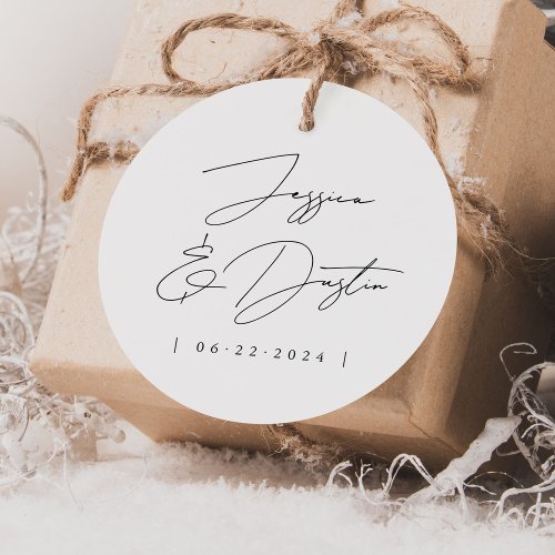 Elegant Minimalist Names Date Black Script Wedding Favor Tags