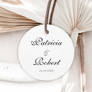 Elegant Minimalist Names Date Black Script Wedding Favor Tags