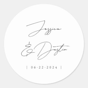 Elegant Minimalist Names Date Script Black Classic Round Sticker