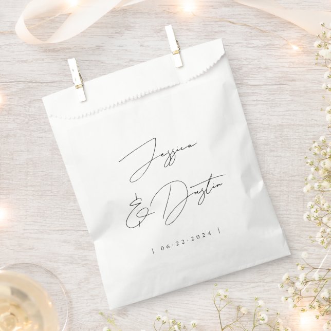 Elegant Minimalist Names Date Script Black Wedding Favor Bag (Clipped)