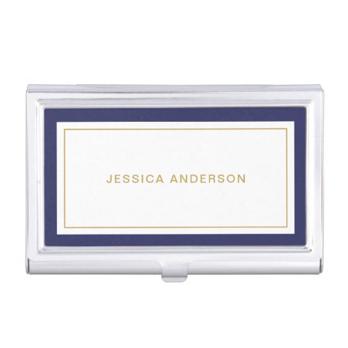 Elegant Minimalist Navy Blue And Gold Name  Business Card Case