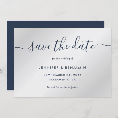 Elegant Minimalist Navy Blue and Silver Wedding Save The Date