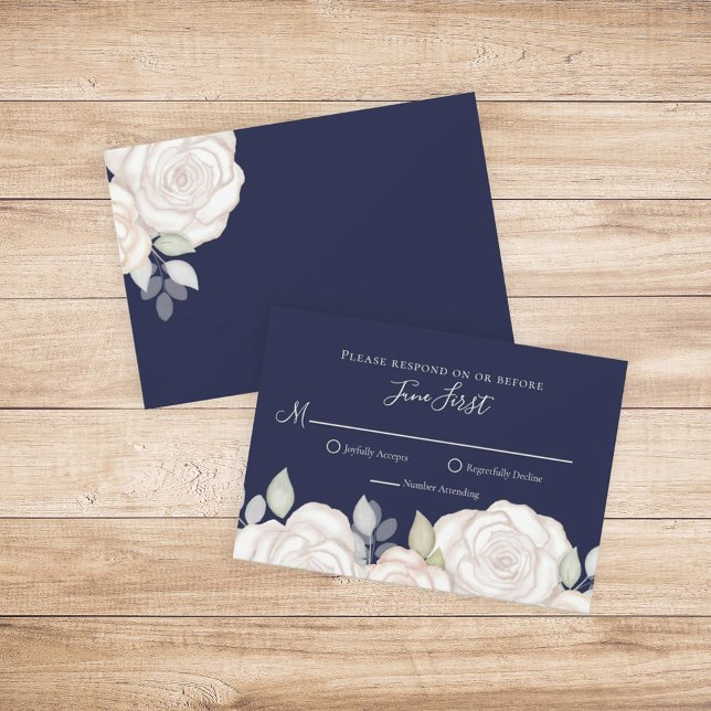 Elegant Minimalist Navy Blue Floral Wedding RSVP Card (Creator Uploaded)
