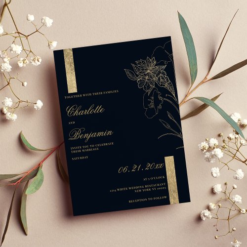 Elegant minimalist navy blue gold floral wedding  invitation