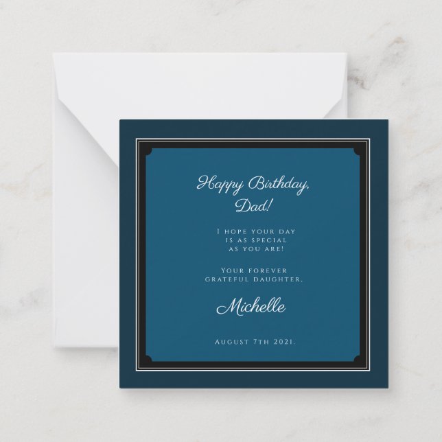 Elegant Minimalist Navy Blue "Happy birthday, dad" Note Card (Back)