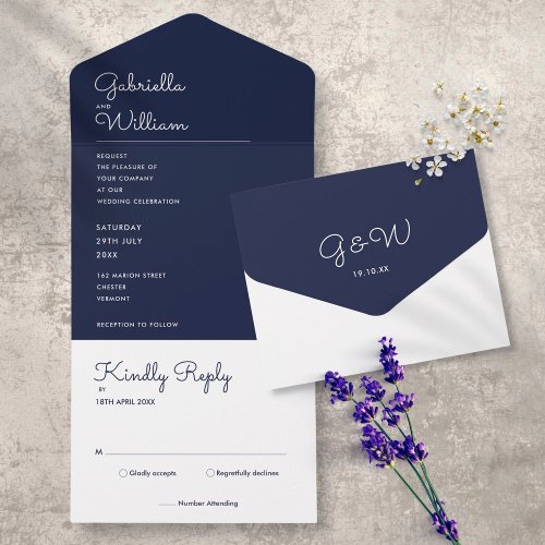 Elegant Minimalist Navy Blue Monogram Wedding All In One Invitation