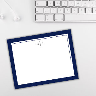 Elegant Minimalist Navy Blue Two Border Monogram Note Card