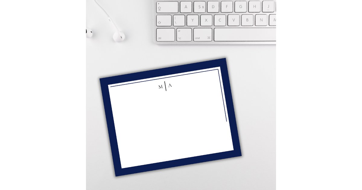 Elegant Minimalist Navy Blue Two Border Monogram Note Card | Zazzle