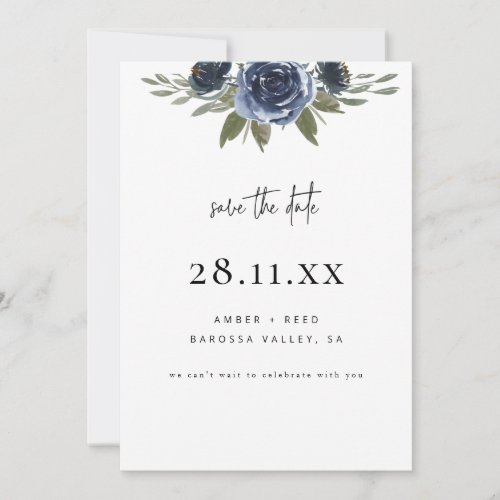 Elegant Minimalist Navy Blue Watercolor Floral Save The Date