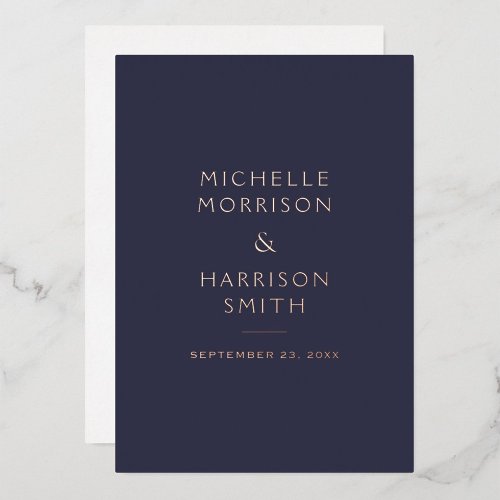 Elegant Minimalist Navy Blue Wedding Rose Gold Foil Invitation