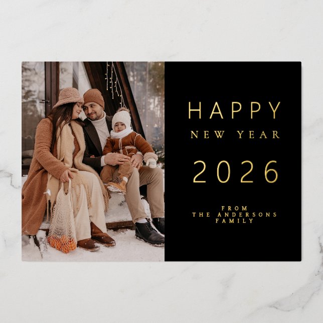 Elegant Minimalist New Year Cheers Family 1 Photo Foil Holiday Card (Front)