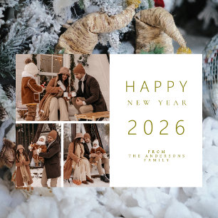 Elegant Minimalist New Year Cheers Family 3 Photo Holiday Card