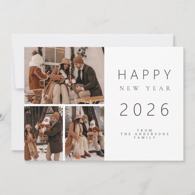 Elegant Minimalist New Year Cheers Family 3 Photo Holiday Card (Front)