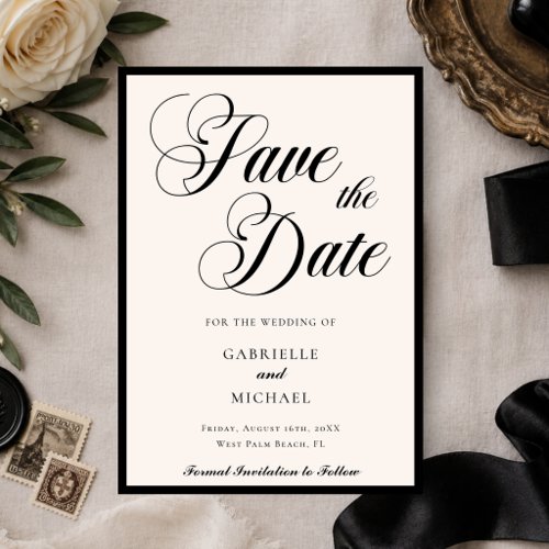 Elegant Minimalist Old Money Black Ivory Wedding  Save The Date
